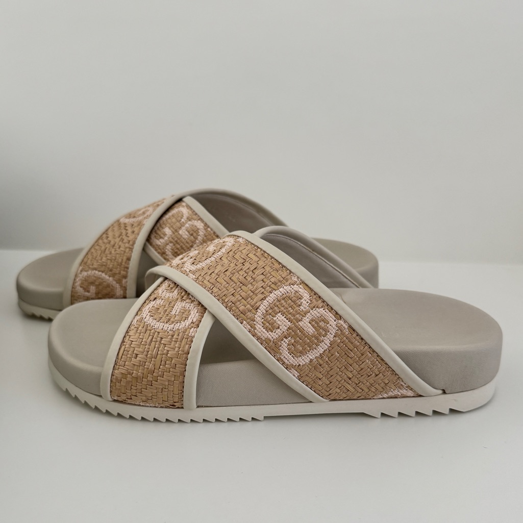 Gucci Rafia Chevron Beige And Pink Logo Women's Sandals Slides